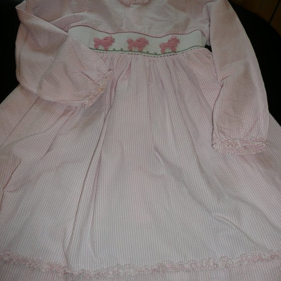 Vintage Smocked Pink Stripe Poodles Sheersucker Girl Size 7 Dress by Royal Child - Picture 5 of 10